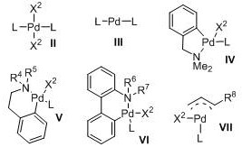 Structures of triarylmonophosphine-coordinated palladium complexes Formulas II to VII