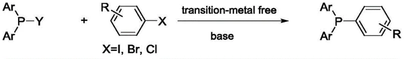 General reaction scheme for transition-metal free synthesis of triarylphosphines using aryl halides and diphenylphosphine compounds