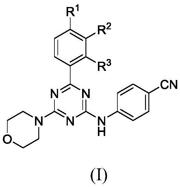 General chemical structure of Formula I showing the triazine core and variable substituents