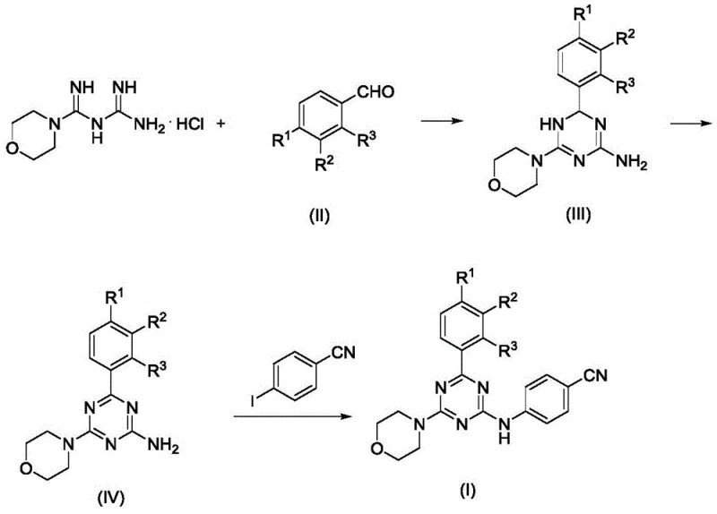 Complete synthetic route showing the transformation from aldehyde to final triazine arylamine