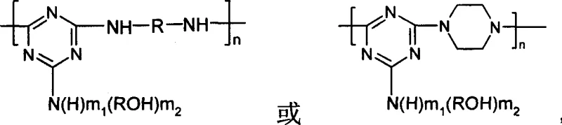 General structural formula of macromolecular triazine char-forming-foaming agent showing hydroxyl and amine functional groups