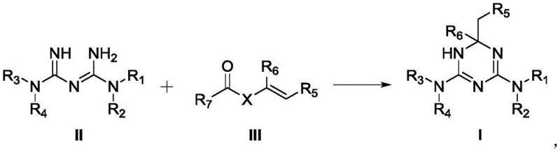 General reaction scheme showing biguanide substrate reacting with vinyl ester to form triazine derivative