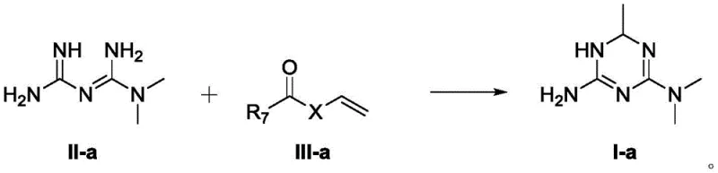 Specific embodiment reaction scheme showing synthesis of preferred triazine derivative with methyl substituents