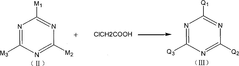 Reaction scheme showing the carboxymethylation of the hydroxyethyl ethylenediamine-triazine intermediate with chloroacetic acid to form the sodium salt precursor