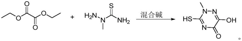 Reaction equation showing the cyclization of 2-methyl thiosemicarbazide and diethyl oxalate to form the Triazine ring