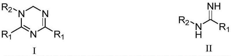 General reaction scheme showing the conversion of aromatic amidines (II) to 1,4,6-tri-substituted 1,2-dihydro-1,3,5-triazines (I)