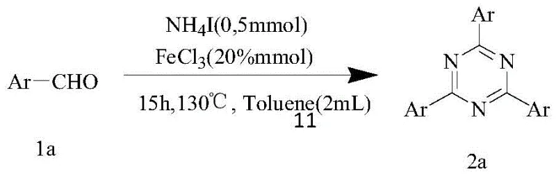General reaction scheme showing the conversion of aromatic aldehydes to 2,4,6-trisubstituted 1,3,5-triazines using NH4I and FeCl3