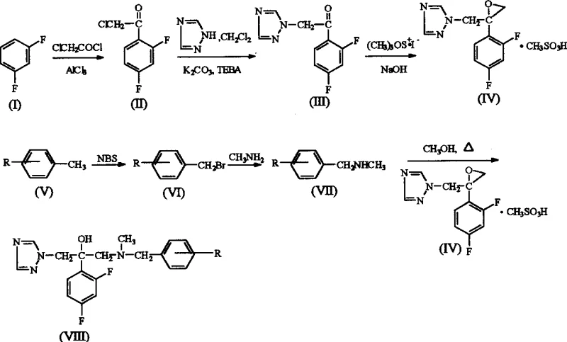Synthetic route showing Friedel-Crafts acylation, triazole substitution, epoxidation, and final amine coupling to produce antifungal intermediates