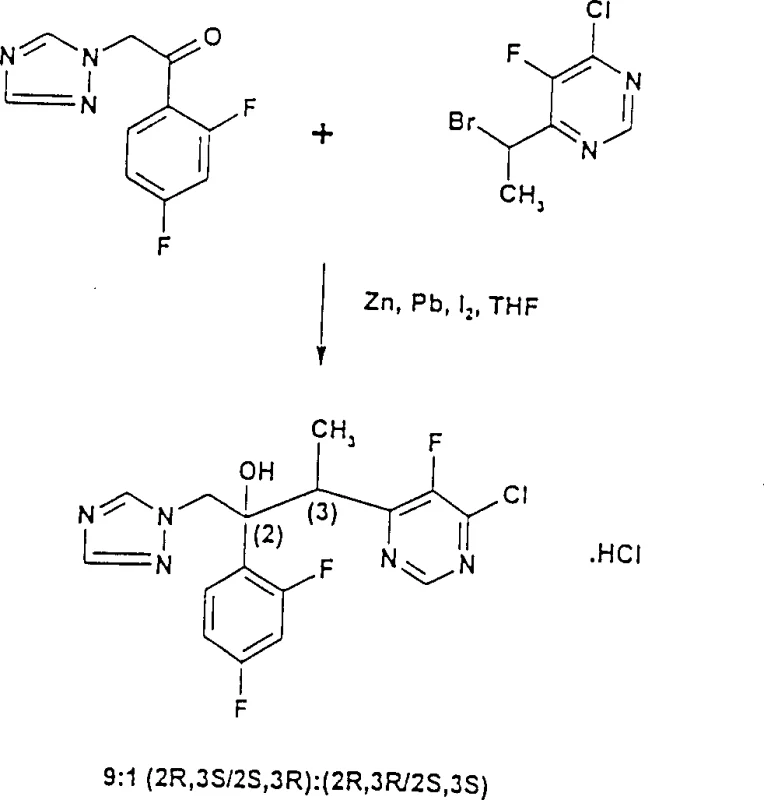 Reaction scheme showing the synthesis of triazole alcohol with 9:1 stereoselectivity using Zn, Pb, and I2