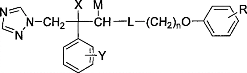 General structural formula of substituted phenoxyalkylamine triazole alcohol antifungal compounds showing variable substituents