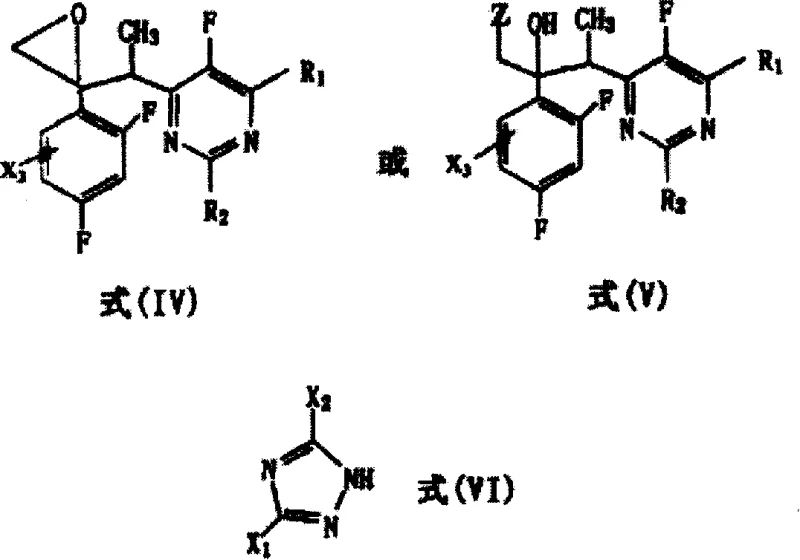 Alternative synthetic routes showing Formula IV epoxide and Formula V halohydrin precursors reacting with Formula VI triazole