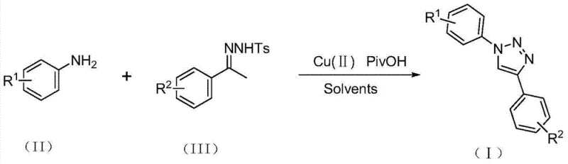 Copper-catalyzed reaction mechanism showing conversion of aromatic amine (II) and substituted acetophenone p-toluenesulfonyl hydrazone (III) to 1,4-disubstituted triazole (I) using Cu(II) catalyst with pivalic acid promoter in organic solvents