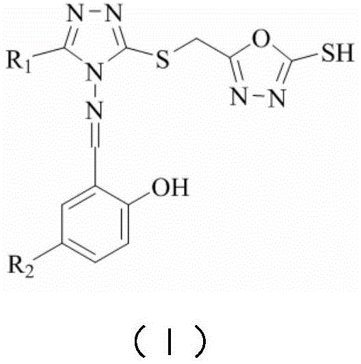 General structural formula of 1,3,4-oxadiazole modified 1,2,4-triazole Schiff base compounds showing variable R groups