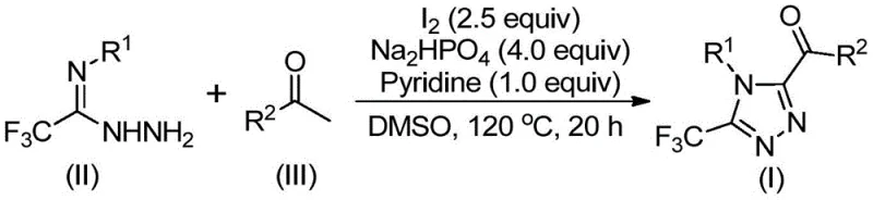 Iodine-catalyzed synthesis pathway showing conversion of trifluoroethylimide hydrazide (II) and aryl ketone (III) to triazole product (I) using I₂/Na₂HPO₄/pyridine in DMSO at 120°C