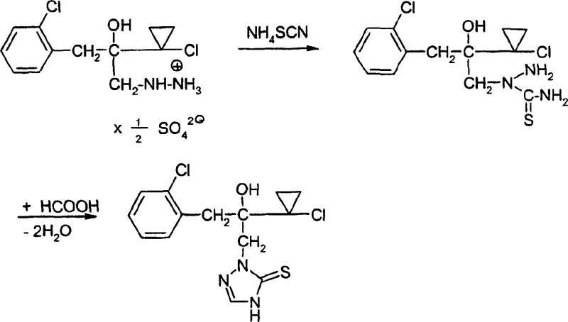 Specific reaction scheme showing conversion of hydrazine salt to triazolinethione via thiosemicarbazide intermediate
