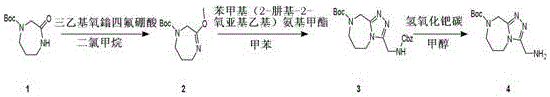 Reaction scheme showing the three-step synthesis of tert-butyl-3-(aminomethyl)dihydro-5H-triazolodiazepine-8(9H)-carboxylate from lactam precursor