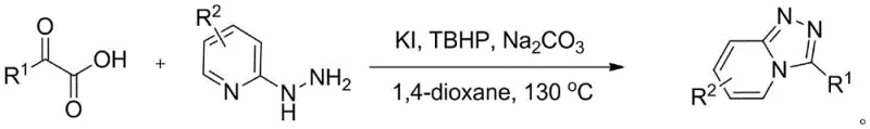 General reaction scheme showing the synthesis of triazolopyridines from alpha-keto acids and 2-hydrazinopyridines using KI and TBHP