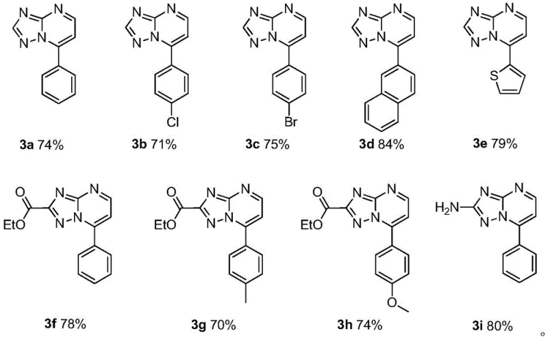 Substrate scope showing various triazolopyrimidine derivatives 3a-3i with high yields