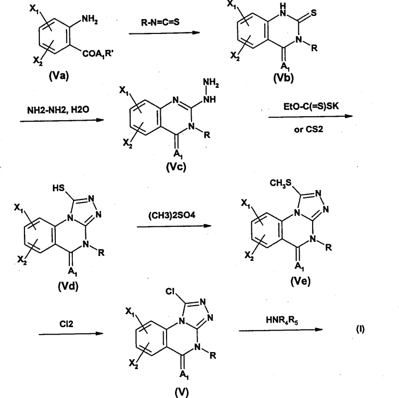 Synthetic Route 2 showing the conversion of anthranilic acid derivatives to triazoloquinazolin-5-ones via hydrazino intermediates