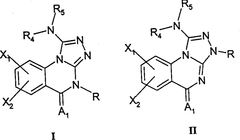 General Formula I and II of Triazolo[4,3-a]quinazolin-5-ones showing variable substituents R, X1, X2, and NR4R5