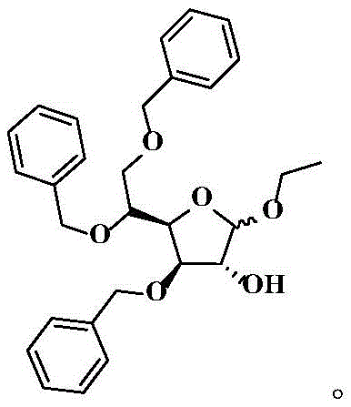 Chemical structure of Tribenoside showing the ethyl-3,5,6-tribenzyloxy-D-furanoside configuration