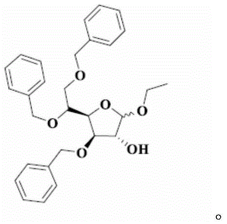 Chemical structure of Tribenoside showing the ethyl-3,5,6-tribenzyloxy-D-furanoside configuration