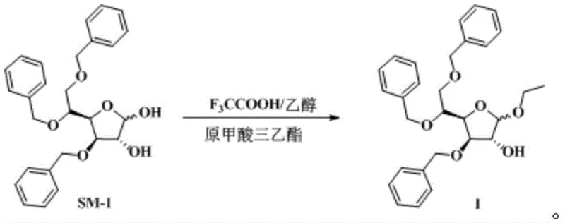 Reaction scheme showing the conversion of SM-1 to Tribenoside using TFA and triethyl orthoformate