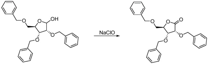 Oxidation of 2,3,5-tribenzyloxy-D-ribose to 2,3,5-tribenzyloxy-D-ribonic acid-1,4-lactone using NaClO