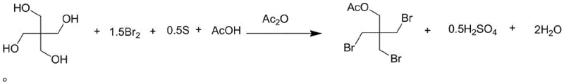 Reaction scheme showing the synthesis of tribromoneopentanol acetate from pentaerythritol using bromine and sulfur in acetic acid