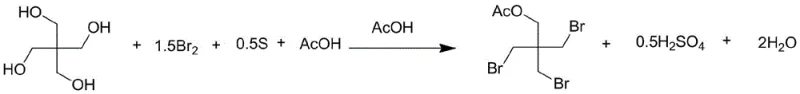 Reaction scheme showing the substitution of pentaerythritol with bromine and sulfur in acetic acid to form the brominated intermediate