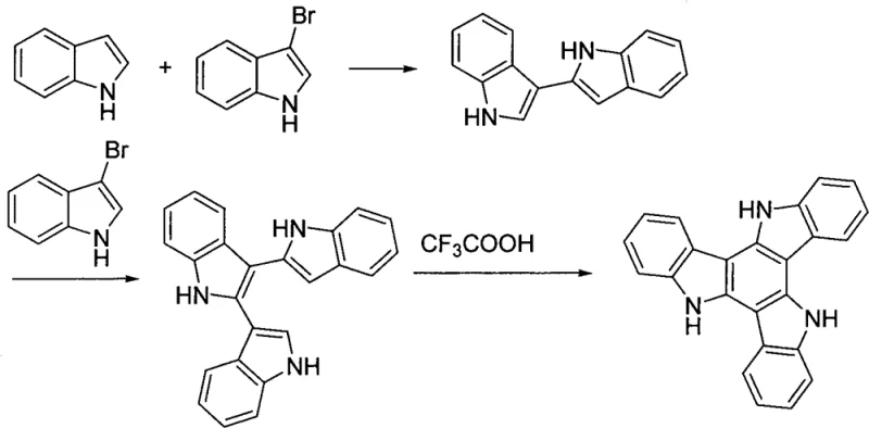Complex multi-step synthesis of tricarbazole using indole and 3-bromoindole with low yield