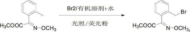 Reaction scheme showing the photo-bromination of the methyl precursor to the bromomethyl intermediate using Br2 and light