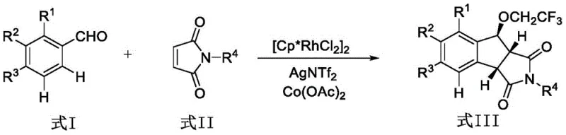 General reaction scheme showing the Rhodium-catalyzed tandem synthesis of 1-trifluoroethoxy indan-succinimide compounds from aromatic aldehydes and maleimides