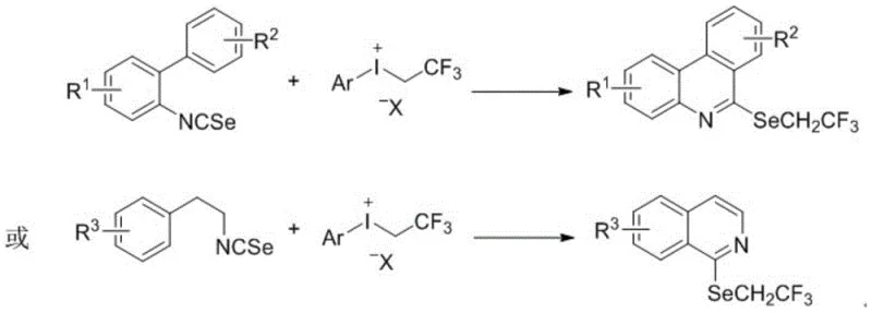 General reaction scheme showing the synthesis of trifluoroethylselenophenanthridine and 3,4-dihydroisoquinoline derivatives from isoselenocyanates and hypervalent iodine salts