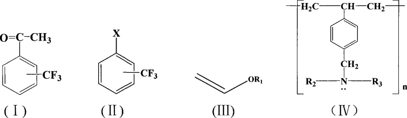 Chemical structures of the product (I), reactants (II, III) and the macroporous anion exchange resin (IV)
