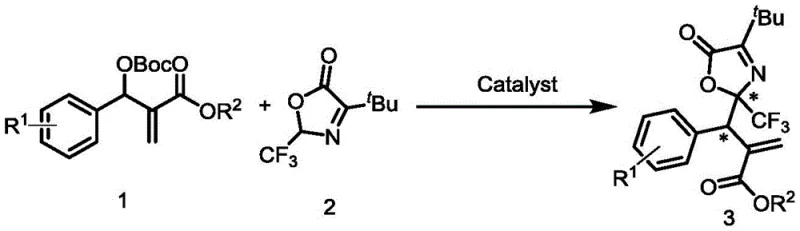 General reaction scheme for the synthesis of optically active trifluoromethyl acrylates using MBH carbonates and oxazolones