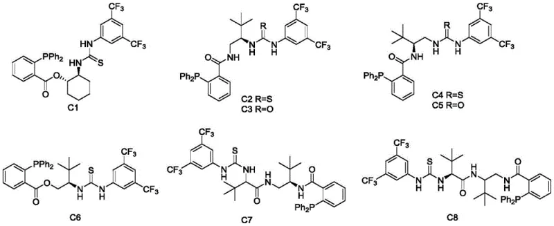 Structures of the chiral bifunctional catalysts C1-C8 used in the asymmetric synthesis
