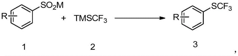 General reaction scheme showing aryl sulfinate and TMSCF3 converting to trifluoromethyl aryl sulfide