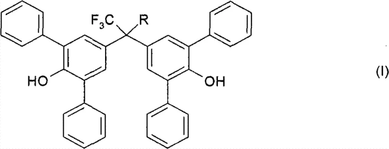 General chemical structure of 4,4'-[1-(trifluoromethyl)alkylidene]-bis-(2,6-diphenylphenols) showing the core bis-phenol framework