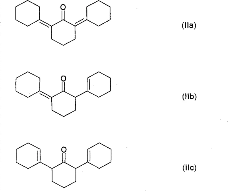 Chemical structures of tricyclic condensation products (IIa, IIb, IIc) formed from cyclohexanone self-condensation