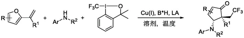 General reaction scheme for asymmetric synthesis of trifluoromethyl-containing cyclopentenone derivatives