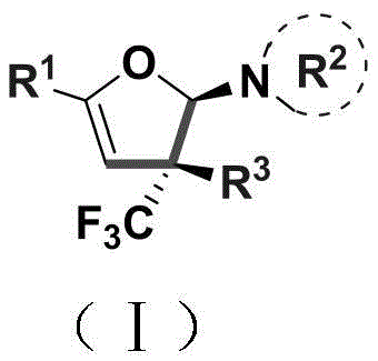 General chemical structure of trifluoromethyl-substituted dihydrofuran amine compound Formula I
