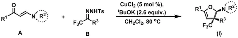 Reaction scheme showing synthesis of trifluoromethyl dihydrofuran amine from enaminone and trifluoromethylhydrazone