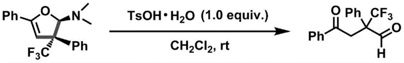 Hydrolysis reaction converting dihydrofuran amine to trifluoromethyl 1,4-dicarbonyl compound