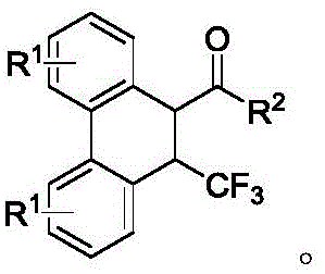 General chemical structure of trifluoromethyl substituted dihydrophenanthrene compounds showing R1 and R2 substituent positions