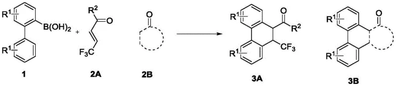General reaction scheme showing 2-biphenylboronic acid and alpha-beta-unsaturated ketone reacting to form trifluoromethyl dihydrophenanthrene