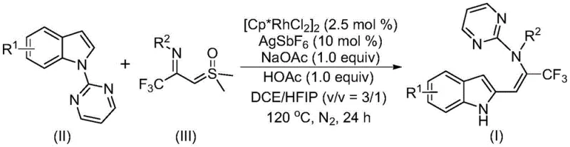 General reaction scheme showing Rh-catalyzed coupling of indole and sulfur ylide to form trifluoromethyl enamine