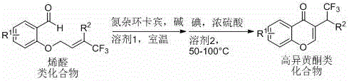 General reaction scheme showing NHC catalyzed synthesis of trifluoromethyl homoisoflavones from alkenal precursors