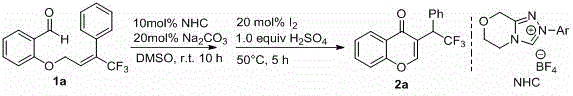 Specific reaction conditions for Example 1 showing NHC catalyst, Iodine, and Sulfuric Acid usage