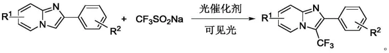 Reaction scheme showing visible light photocatalytic trifluoromethylation of 2-phenylimidazo[1,2-a]pyridine